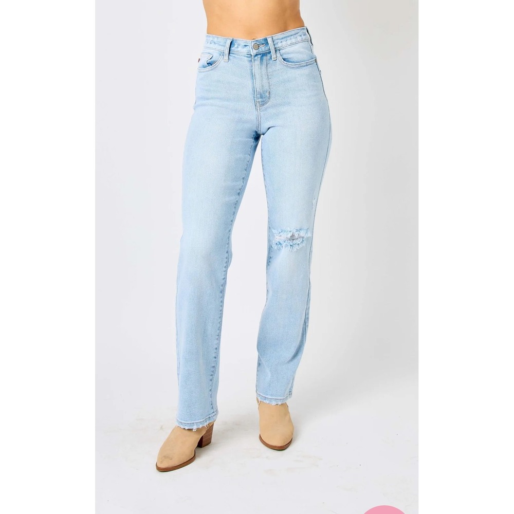 Judy Blue 24W High Waist NWT Straight Leg Distressed Denim Jeans Light Wash 24W
